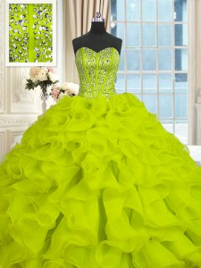 Glittering Yellow Green Organza Lace Up Sweetheart Sleeveless With Train Ball Gown Prom Dress Brush Train Beading and Ruffles