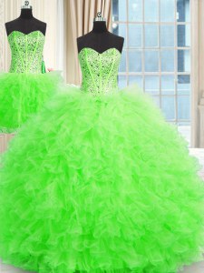 On Sale Three Piece Sleeveless Floor Length Beading and Ruffles Lace Up Quinceanera Gowns with
