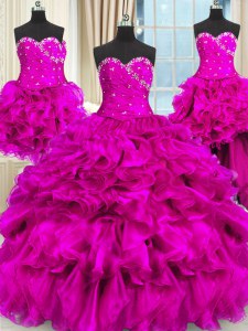Four Piece Fuchsia Three Pieces Sweetheart Sleeveless Organza Floor Length Lace Up Beading and Ruffles and Ruching 15th Birthday Dress