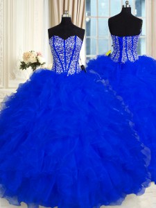 Floor Length Royal Blue 15th Birthday Dress Sweetheart Sleeveless Lace Up