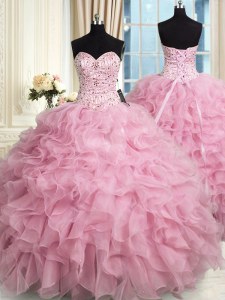 Organza Sweetheart Sleeveless Lace Up Beading and Ruffles 15 Quinceanera Dress in Rose Pink