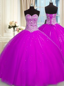 Organza Sweetheart Sleeveless Lace Up Beading and Sequins Quince Ball Gowns in Fuchsia