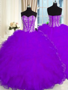 Purple Ball Gowns Beading and Ruffles Sweet 16 Quinceanera Dress Lace Up Organza Sleeveless Floor Length