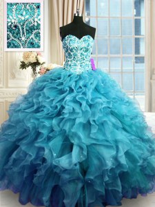 Sophisticated Beading and Ruffles Ball Gown Prom Dress Teal Lace Up Sleeveless Floor Length