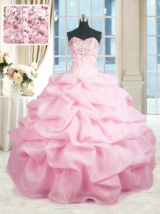 Unique Pink Quince Ball Gowns Military Ball and Sweet 16 and Quinceanera and For with Beading and Ruffles Sweetheart Sleeveless Lace Up