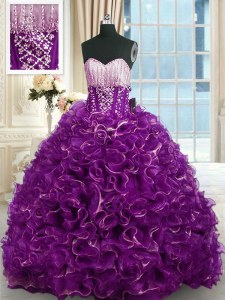 Purple Quinceanera Dress Military Ball and Sweet 16 and Quinceanera and For with Beading and Ruffles Sweetheart Sleeveless Brush Train Lace Up