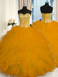 Super Gold Ball Gowns Beading and Ruffles Sweet 16 Quinceanera Dress Lace Up Organza Sleeveless Floor Length