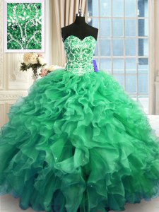 Lovely Sweetheart Sleeveless 15 Quinceanera Dress Floor Length Beading and Ruffles Turquoise Organza