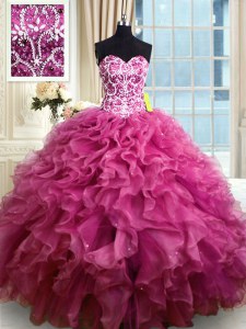 High Class Fuchsia Ball Gown Prom Dress Military Ball and Sweet 16 and Quinceanera and For with Beading and Ruffles Sweetheart Sleeveless Lace Up