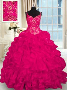Spaghetti Straps Sleeveless Organza 15th Birthday Dress Beading and Embroidery and Ruffles Brush Train Lace Up