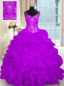 Custom Design Organza Sleeveless 15th Birthday Dress Brush Train and Beading and Embroidery and Ruffles