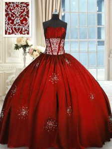 Sophisticated Wine Red Ball Gowns Beading and Appliques and Ruching Quinceanera Gowns Lace Up Taffeta Sleeveless Floor Length