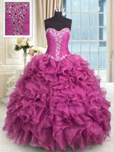 Rose Pink Sleeveless Organza Lace Up Vestidos de Quinceanera for Military Ball and Sweet 16 and Quinceanera
