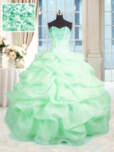 Delicate Apple Green Ball Gowns Organza Sweetheart Sleeveless Beading and Ruffles Floor Length Lace Up Vestidos de Quinceanera
