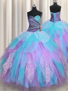Gorgeous Multi-color Tulle Lace Up Quince Ball Gowns Sleeveless Floor Length Beading and Ruching