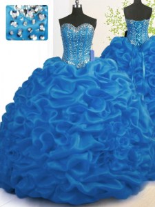 Hot Selling Royal Blue Ball Gowns Organza Sweetheart Sleeveless Beading and Ruffles With Train Lace Up 15th Birthday Dress Brush Train