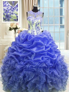 On Sale Blue Scoop Neckline Beading and Ruffles Quinceanera Gown Sleeveless Zipper