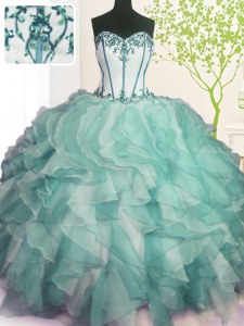 Popular Green Ball Gowns Beading and Ruffles Quinceanera Gowns Lace Up Organza Sleeveless Floor Length