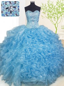 Excellent Baby Blue Sleeveless Beading and Ruffles and Pick Ups Floor Length 15 Quinceanera Dress