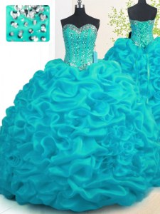 Aqua Blue Sleeveless Brush Train Beading and Ruffles With Train Quinceanera Gowns