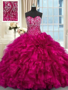 Dramatic Fuchsia Sleeveless Organza Brush Train Lace Up Vestidos de Quinceanera for Military Ball and Sweet 16 and Quinceanera