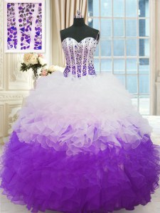 Sleeveless Organza Floor Length Lace Up Vestidos de Quinceanera in White And Purple with Beading and Ruffles
