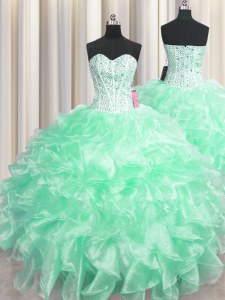 Custom Made Visible Boning Sweetheart Sleeveless Organza Quinceanera Gown Beading and Ruffles Zipper