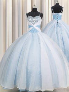 Spectacular Light Blue Spaghetti Straps Lace Up Beading and Ruching Quinceanera Gowns Sleeveless