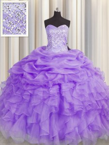 Flirting Sleeveless Floor Length Beading and Ruffles Lace Up Quinceanera Dresses with Lavender