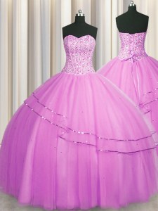 Latest Visible Boning Really Puffy Lilac Sweetheart Lace Up Beading Quinceanera Dresses Sleeveless