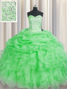 Shining Green Sleeveless Floor Length Beading and Ruffles Lace Up Sweet 16 Dress