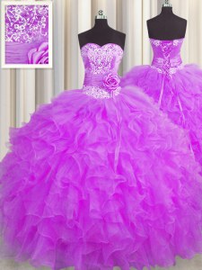 Handcrafted Flower Purple Ball Gowns Organza Sweetheart Sleeveless Beading and Ruffles and Hand Made Flower Floor Length Lace Up Quince Ball Gowns