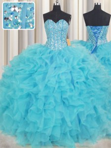 Visible Boning Sweetheart Sleeveless 15th Birthday Dress Floor Length Beading and Ruffles Baby Blue Organza