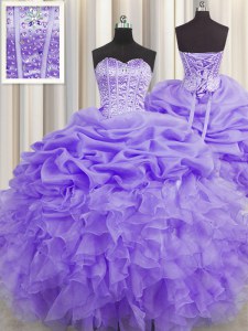 Visible Boning Lavender Lace Up Sweetheart Beading and Ruffles and Pick Ups Quinceanera Dress Organza Sleeveless