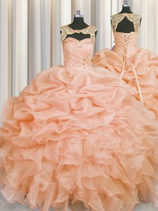 Dramatic Pick Ups Ball Gowns Quinceanera Gown Peach Scoop Organza Sleeveless Floor Length Lace Up