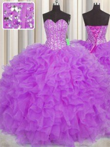 Edgy Visible Boning Purple Sweetheart Lace Up Beading and Ruffles and Sashes ribbons Quinceanera Gown Sleeveless