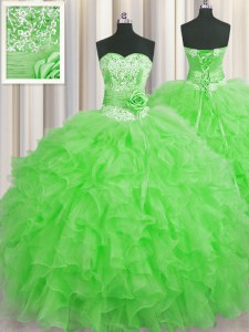 Noble Handcrafted Flower Floor Length Green 15 Quinceanera Dress Sweetheart Sleeveless Lace Up