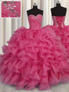 Dazzling Beading and Ruffles 15 Quinceanera Dress Hot Pink Lace Up Sleeveless Floor Length