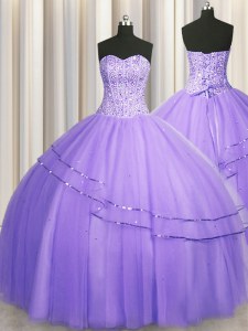 Visible Boning Big Puffy Lavender Sleeveless Floor Length Beading Lace Up Quinceanera Gowns