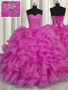 Fantastic Fuchsia Ball Gowns Sweetheart Sleeveless Organza Floor Length Lace Up Beading and Ruffles Sweet 16 Dress