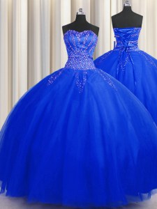 Fashion Puffy Skirt Sleeveless Floor Length Beading Lace Up Vestidos de Quinceanera with Royal Blue