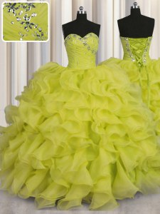Yellow Green Quinceanera Dress Military Ball and Sweet 16 and Quinceanera and For with Beading and Ruffles Sweetheart Sleeveless Lace Up