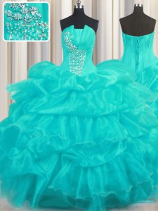 Floor Length Aqua Blue Quinceanera Gown Organza Sleeveless Beading and Ruffled Layers and Pick Ups