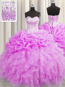 Adorable Visible Boning Sweetheart Sleeveless 15 Quinceanera Dress Floor Length Beading and Ruffles and Pick Ups Lilac Organza