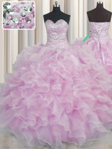 Classical Bling-bling Lilac 15th Birthday Dress Military Ball and Sweet 16 and Quinceanera and For with Beading and Ruffles Sweetheart Sleeveless Lace Up