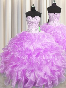 Stunning Visible Boning Zipper Up Lilac Sleeveless Floor Length Beading and Ruffles Zipper Quinceanera Dress