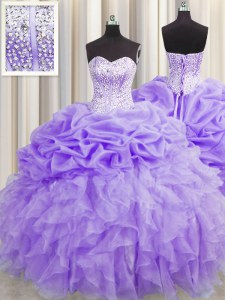 Sophisticated Visible Boning Sleeveless Organza Floor Length Lace Up Ball Gown Prom Dress in Lavender with Beading and Ruffles and Pick Ups