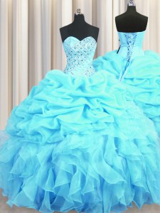 Sleeveless Floor Length Beading and Ruffles and Pick Ups Lace Up Sweet 16 Dress with Aqua Blue