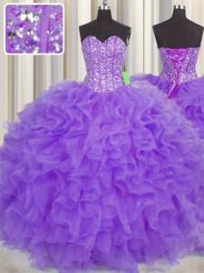 Superior Visible Boning Purple Sleeveless Organza Lace Up 15th Birthday Dress for Military Ball and Sweet 16 and Quinceanera