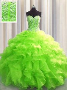 Cute Visible Boning Lace Up 15th Birthday Dress Beading and Ruffles Sleeveless Floor Length